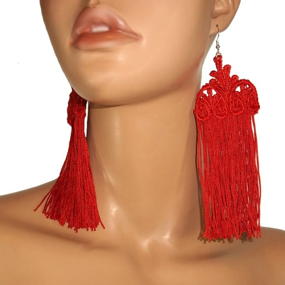 Red Lace Tassel Earrings, Red Earrings, Red Lace Jewelry, Red Lace Accessories - Picture 1 of 5